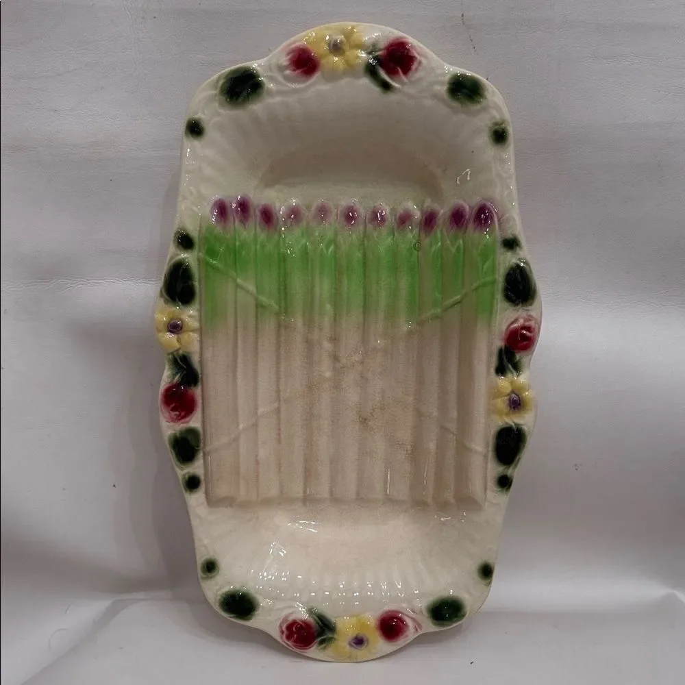 Reserve Sarrequemines France Majolica Floral Ceramic Asparagus Serving Platter